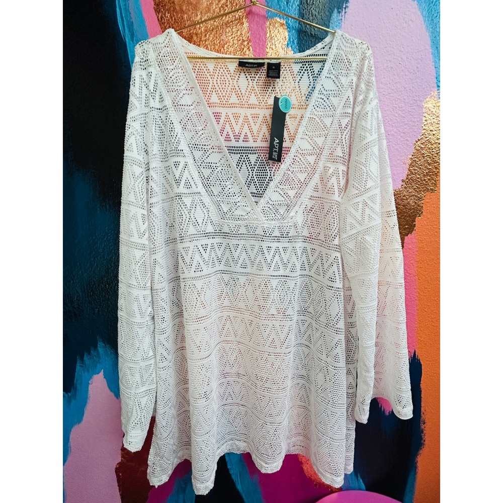 Apt. 9 Women XL Swimsuit Coverup Tunic White Crochet Vacation Cruise Dress NWT